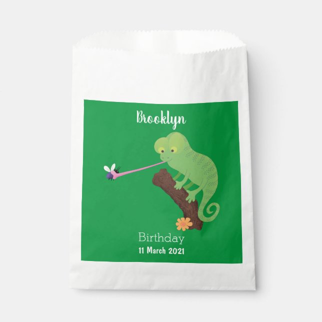 Cute funny green happy chameleon lizard cartoon favor bag (Front)