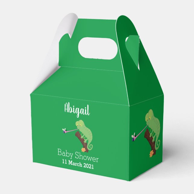 Cute funny green happy chameleon lizard cartoon favor boxes (Front Side)