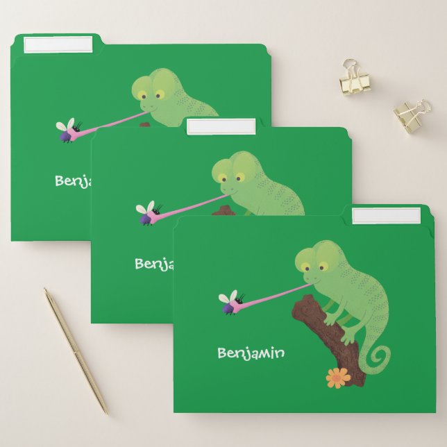 Cute funny green happy chameleon lizard cartoon file folder (Set)