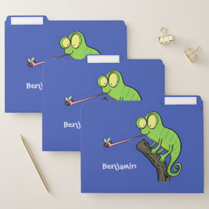 Cute funny green happy chameleon lizard cartoon file folder