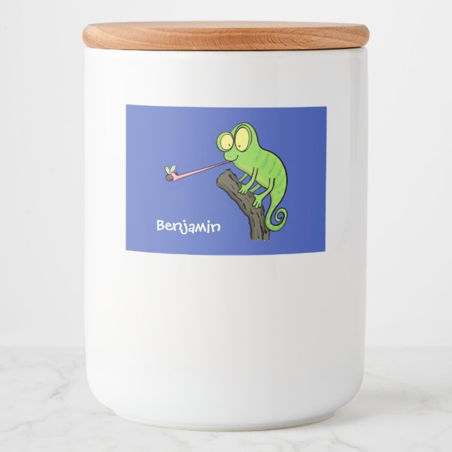 Cute funny green happy chameleon lizard cartoon food label (Front)