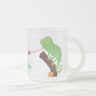 Cute funny green happy chameleon lizard cartoon frosted glass coffee mug