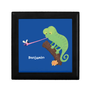 Cute funny green happy chameleon lizard cartoon gift box