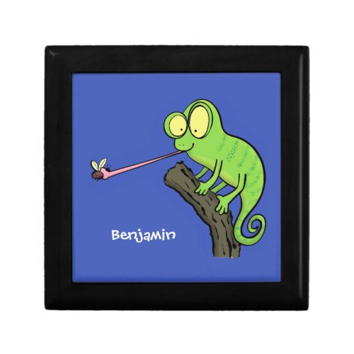 Cute funny green happy chameleon lizard cartoon gift box