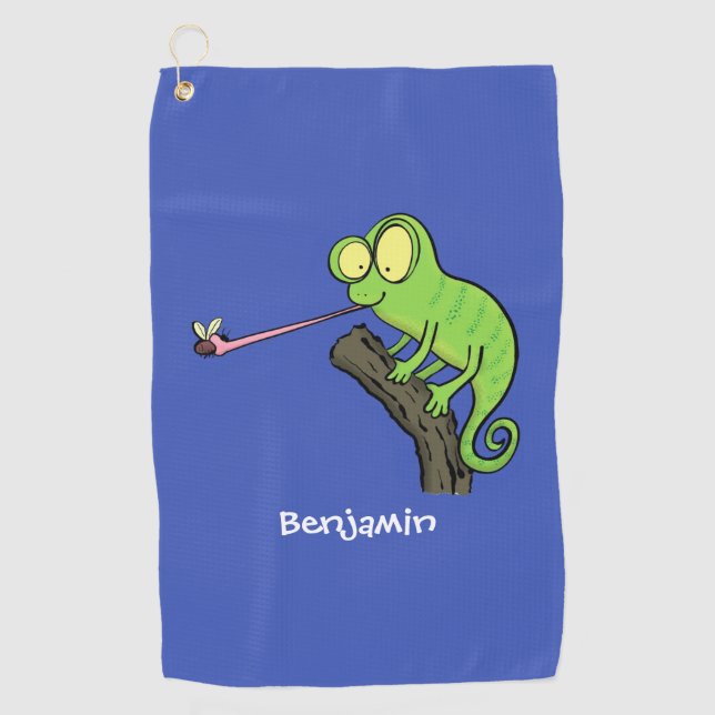 Cute funny green happy chameleon lizard cartoon  golf towel (Front)