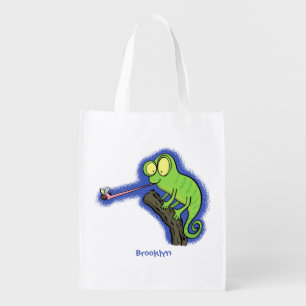 Cute funny green happy chameleon lizard cartoon grocery bag