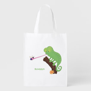 Cute funny green happy chameleon lizard cartoon grocery bag