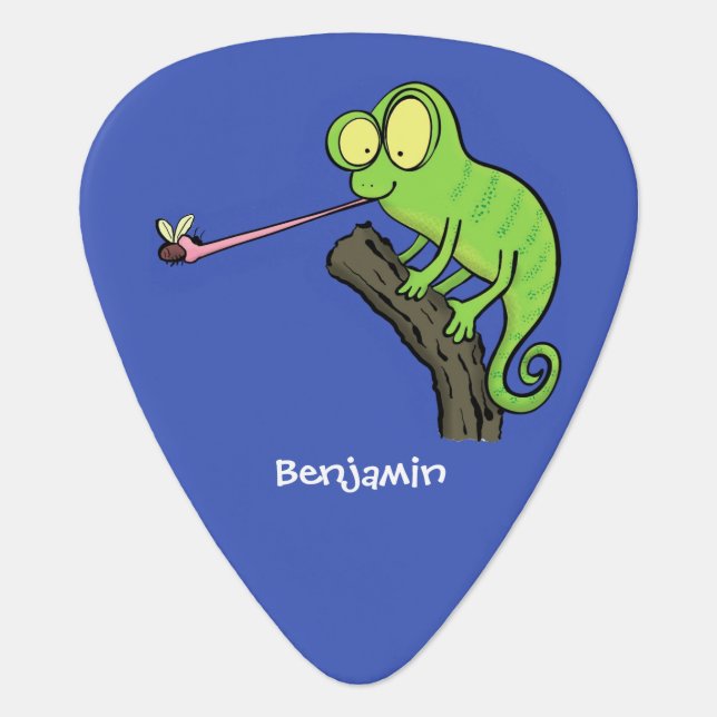 Cute funny green happy chameleon lizard cartoon guitar pick (Front)