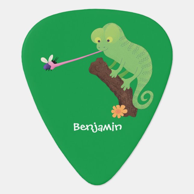 Cute funny green happy chameleon lizard cartoon  guitar pick (Front)