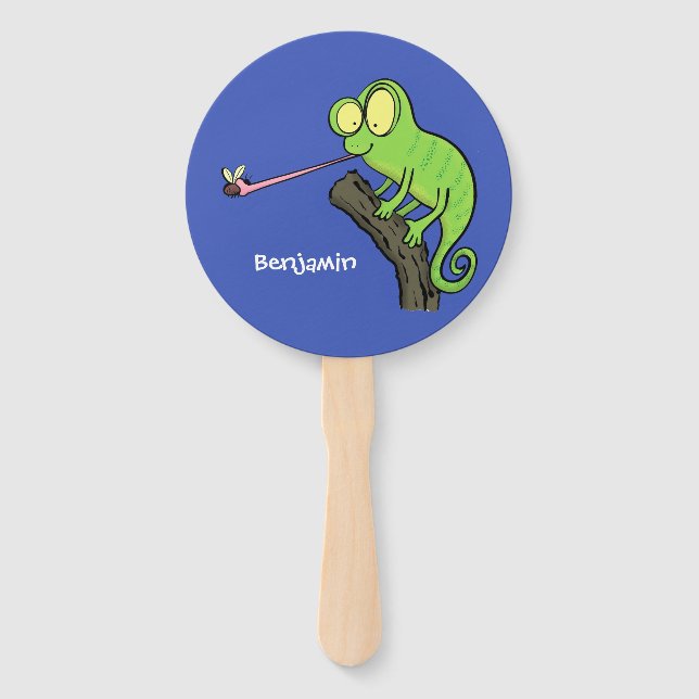 Cute funny green happy chameleon lizard cartoon hand fan (Front)