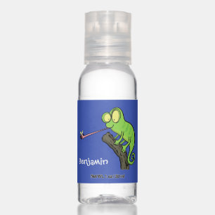 Cute funny green happy chameleon lizard cartoon hand sanitizer