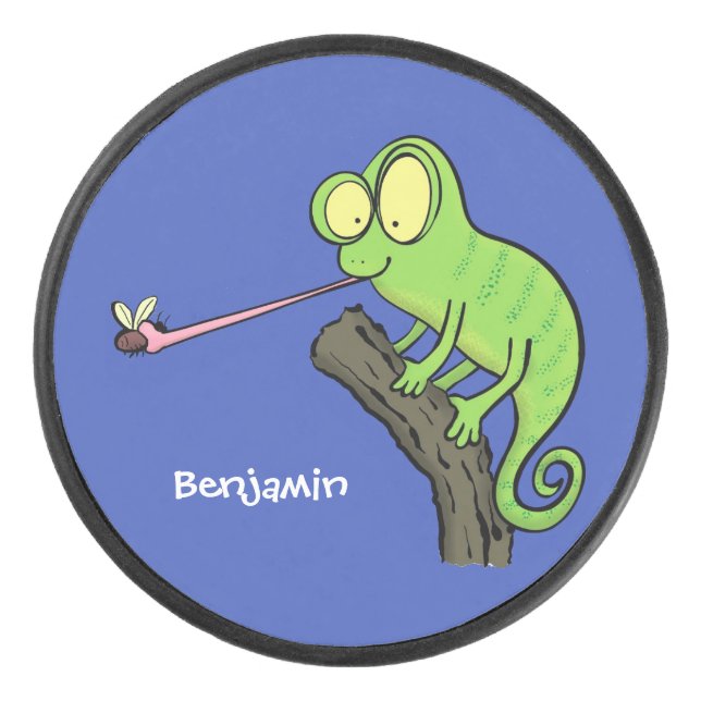 Cute funny green happy chameleon lizard cartoon hockey puck (Front)