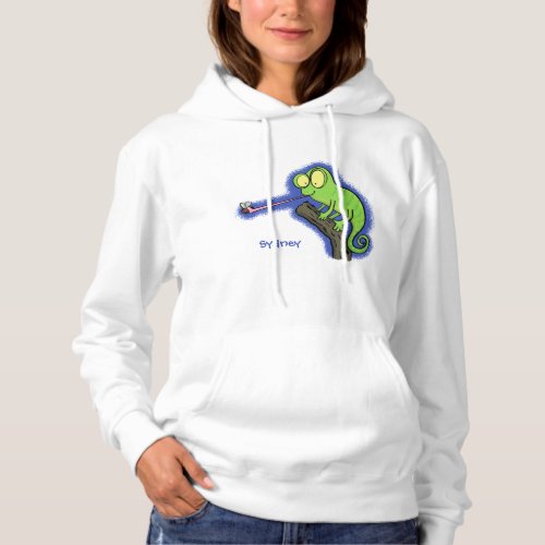 Cute funny green happy chameleon lizard cartoon hoodie