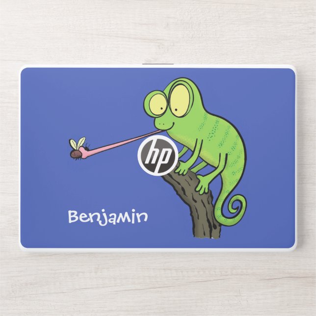 Cute funny green happy chameleon lizard cartoon HP laptop skin (Front)