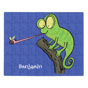 Cute funny green happy chameleon lizard cartoon jigsaw puzzle