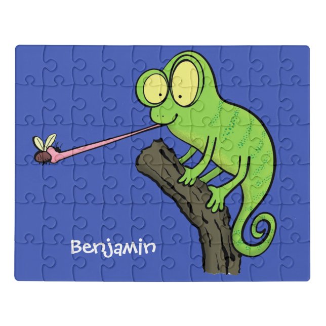Cute funny green happy chameleon lizard cartoon jigsaw puzzle (Puzzle Horizontal)