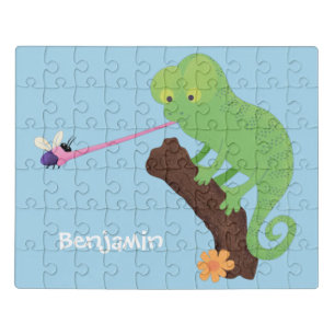 Cute funny green happy chameleon lizard cartoon jigsaw puzzle