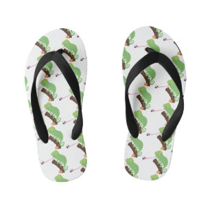 Cute funny green happy chameleon lizard cartoon kid's flip flops
