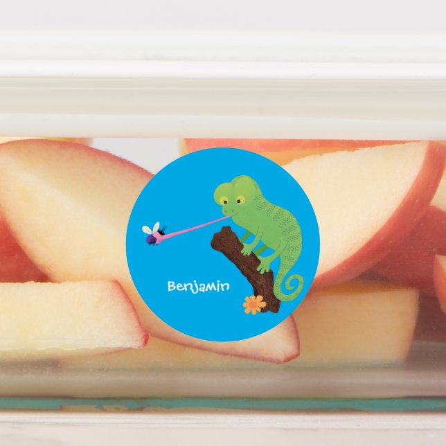 Cute funny green happy chameleon lizard cartoon labels (Affixed)