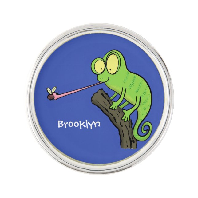 Cute funny green happy chameleon lizard cartoon lapel pin (Front)