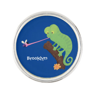 Cute funny green happy chameleon lizard cartoon lapel pin