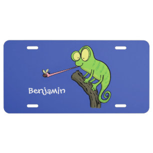 Cute funny green happy chameleon lizard cartoon license plate