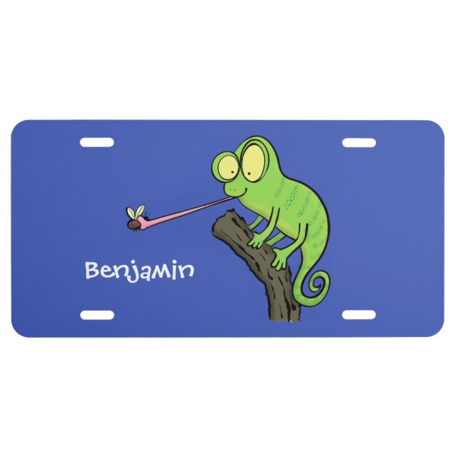 Cute funny green happy chameleon lizard cartoon  license plate (Front)