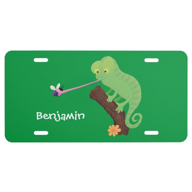 Cute funny green happy chameleon lizard cartoon license plate (Front)