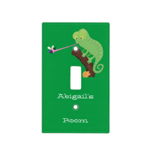 Cute funny green happy chameleon lizard cartoon light switch cover