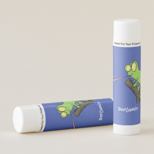 Cute funny green happy chameleon lizard cartoon lip balm (Front)