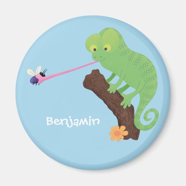 Cute funny green happy chameleon lizard cartoon magnet (Front)