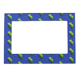 Cute funny green happy chameleon lizard cartoon magnetic frame