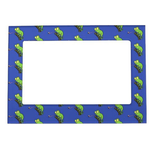 Cute funny green happy chameleon lizard cartoon magnetic frame