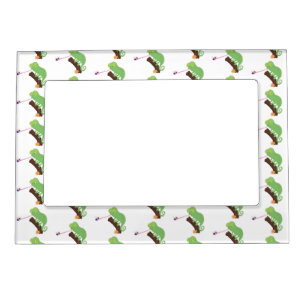 Cute funny green happy chameleon lizard cartoon magnetic frame