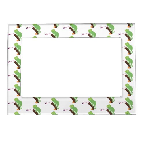 Cute funny green happy chameleon lizard cartoon magnetic frame