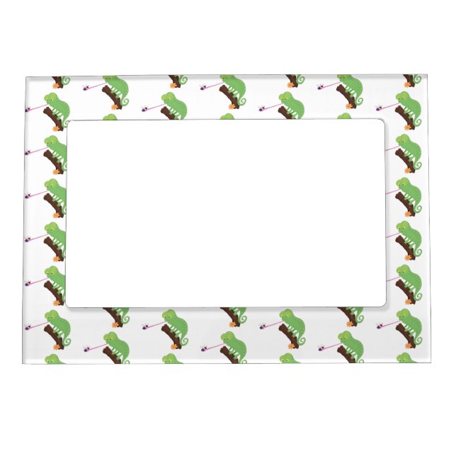 Cute funny green happy chameleon lizard cartoon magnetic frame (Front)