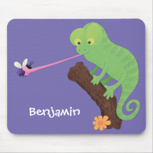 Cute funny green happy chameleon lizard cartoon mouse pad