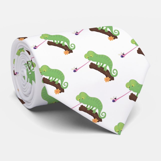 Cute funny green happy chameleon lizard cartoon neck tie (Rolled)
