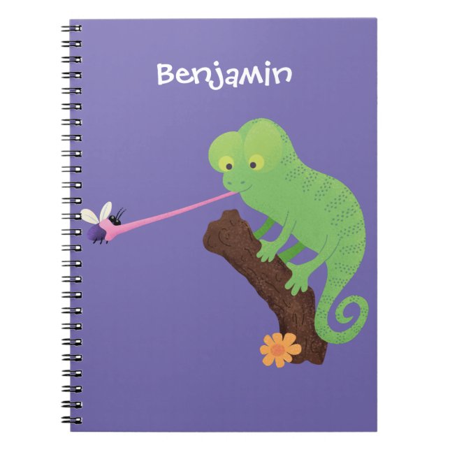 Cute funny green happy chameleon lizard cartoon notebook (Front)