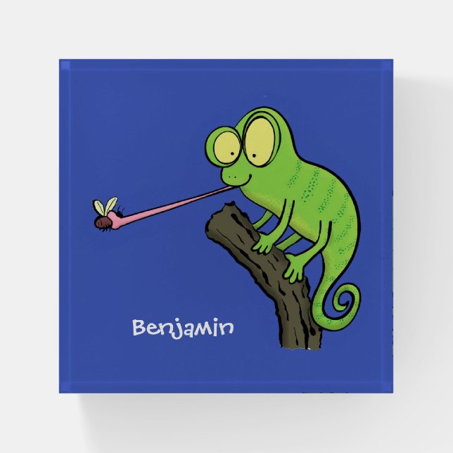 Cute funny green happy chameleon lizard cartoon paperweight (Front)