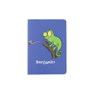 Cute funny green happy chameleon lizard cartoon passport holder