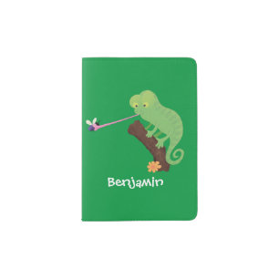 Cute funny green happy chameleon lizard cartoon passport holder