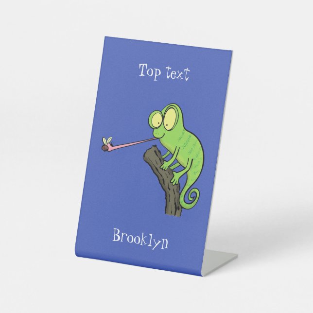 Cute funny green happy chameleon lizard cartoon pedestal sign (Front)