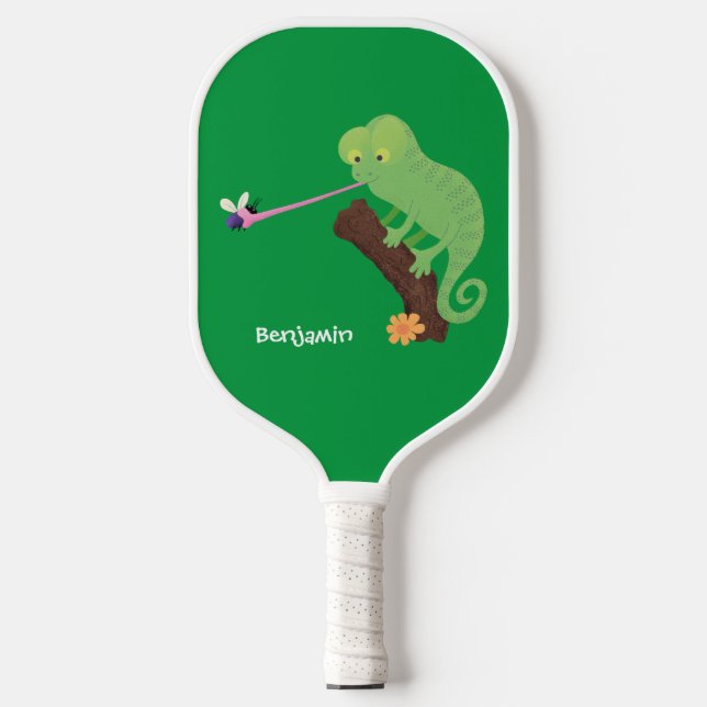 Cute funny green happy chameleon lizard cartoon pickleball paddle (Front)