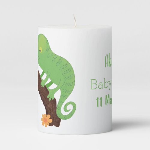 Cute funny green happy chameleon lizard cartoon pillar candle