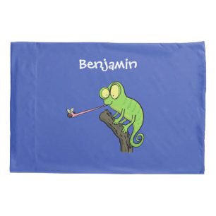 Cute funny green happy chameleon lizard cartoon pillow case