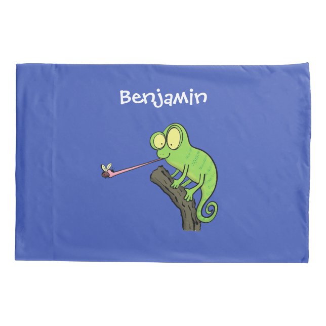 Cute funny green happy chameleon lizard cartoon pillow case (Back)