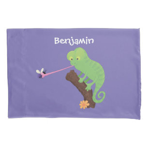 Cute funny green happy chameleon lizard cartoon pillow case