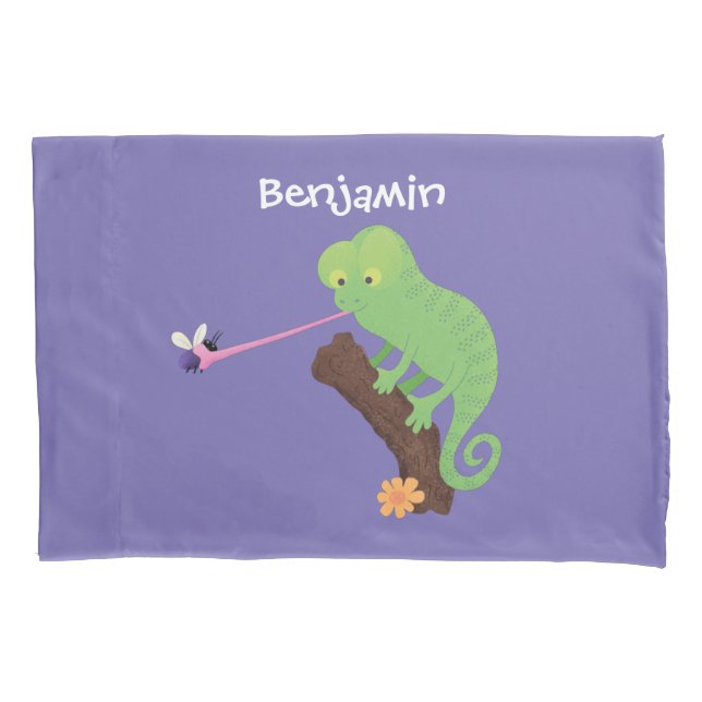 Cute funny green happy chameleon lizard cartoon pillow case (Front)
