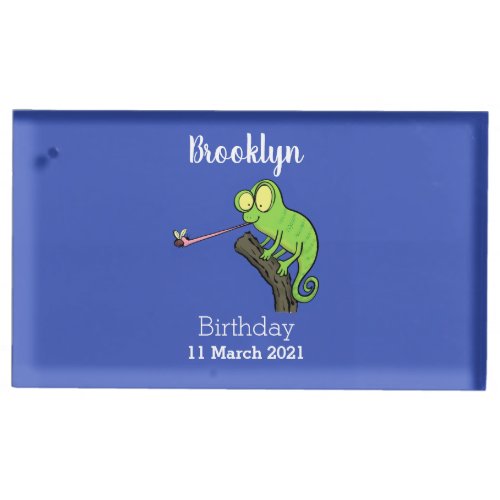 Cute funny green happy chameleon lizard cartoon place card holder